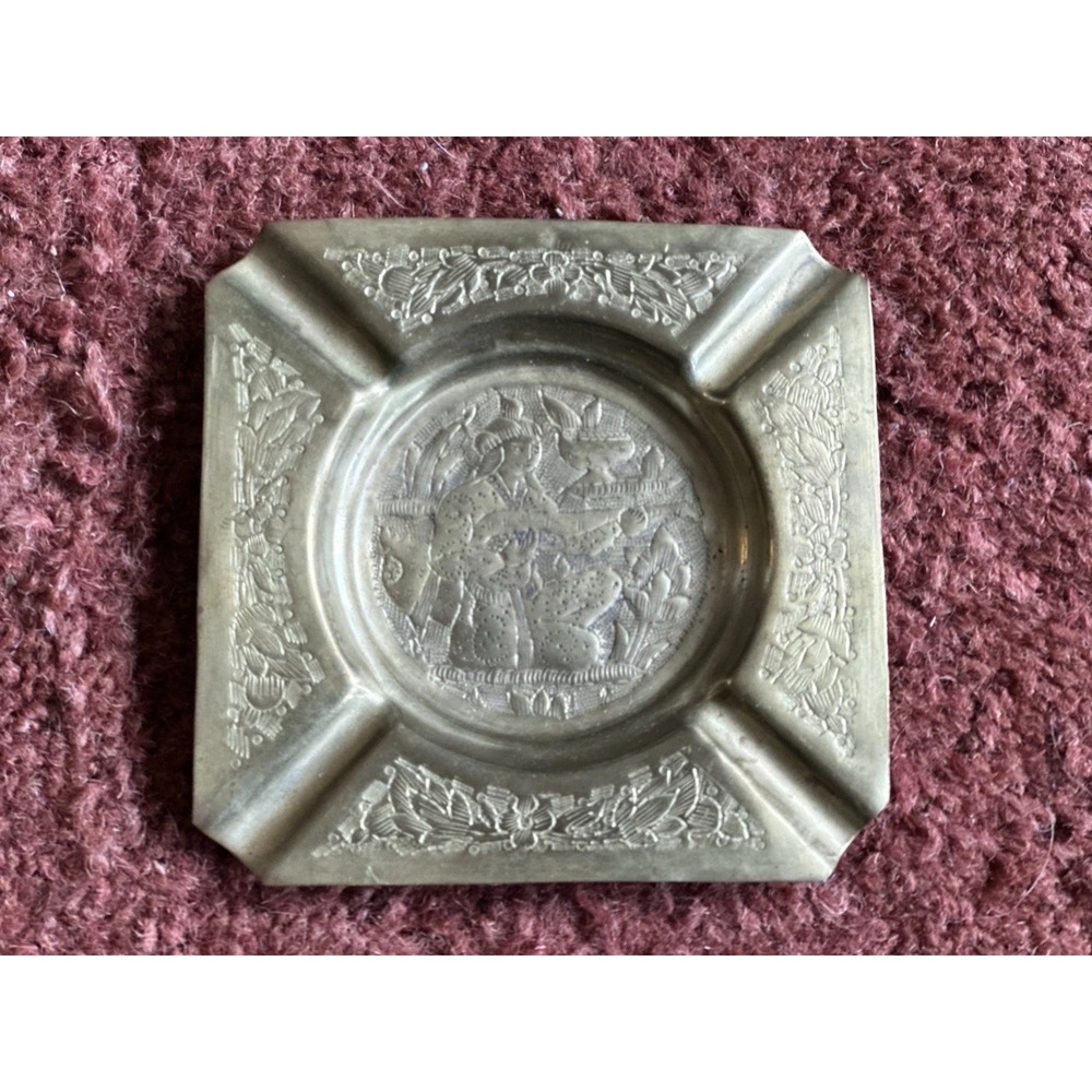 Vintage Gold Color Brass Ashtray Ornate Floral Decorative Boho